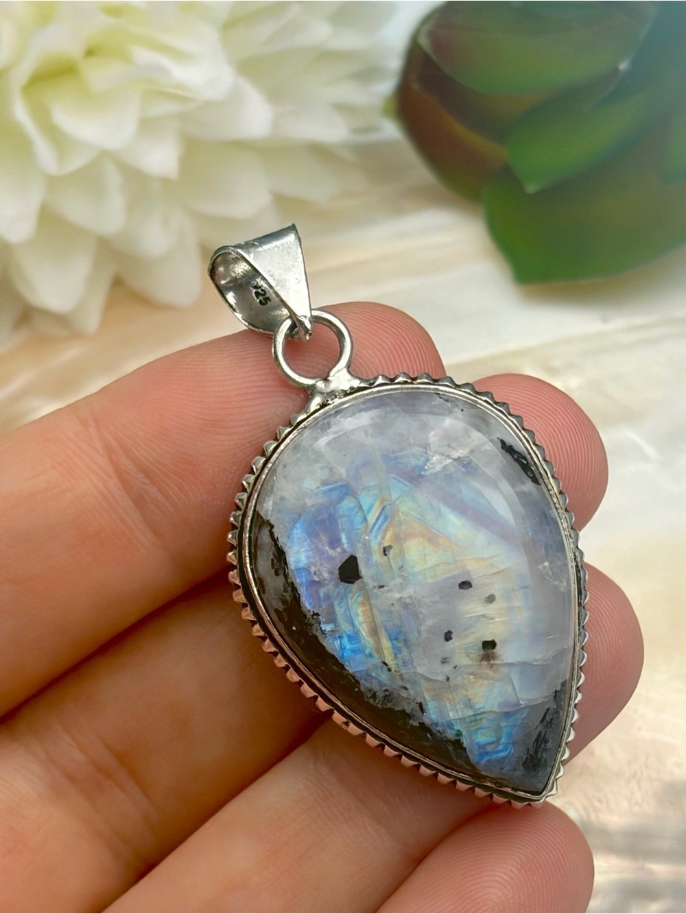 Tourmaline Rainbow Moonstone Pendant Teardrop Pear Sterling Silver 925 Overlay